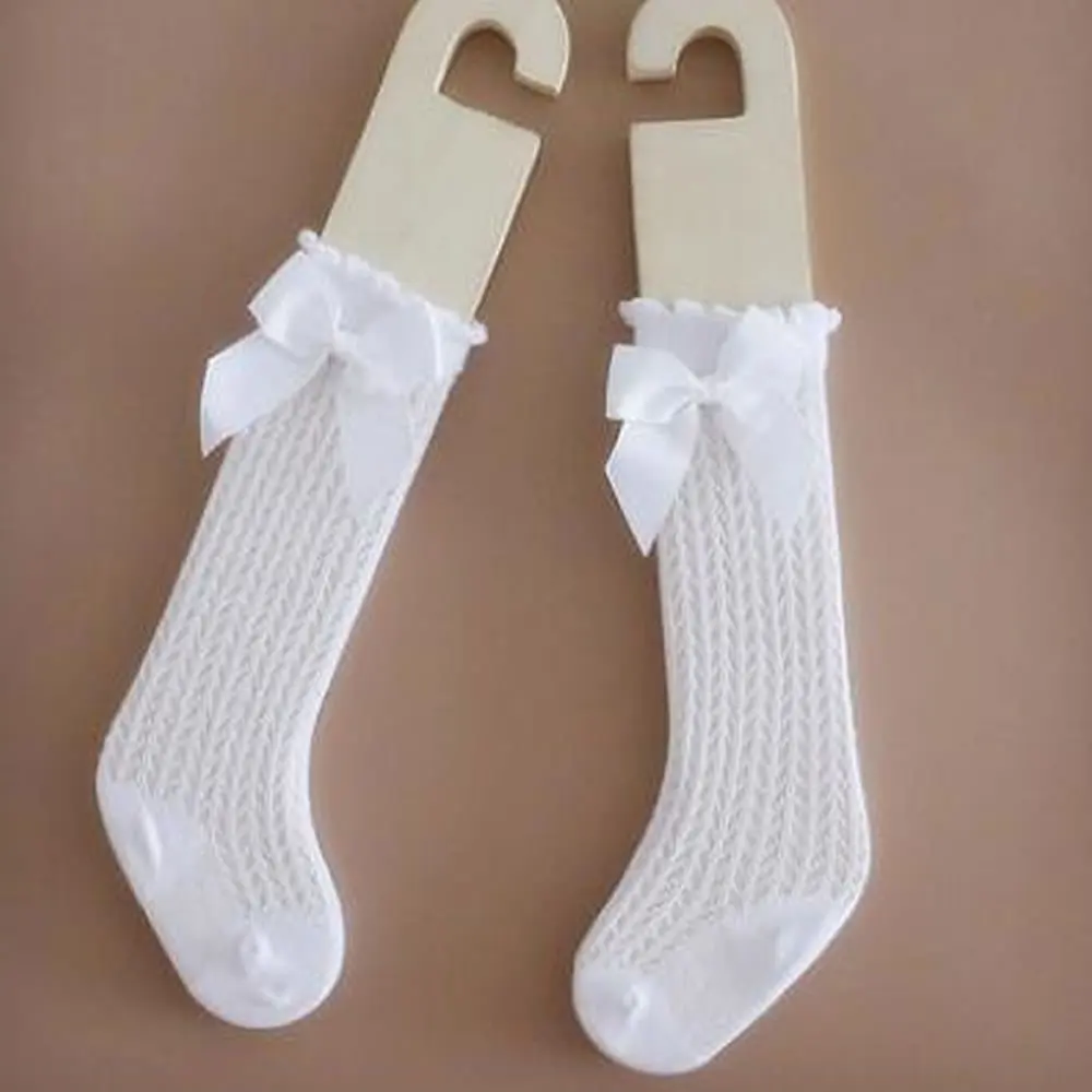 Cute Girls Knee High Socks Bows Cotton Breathable Soft Children Sokken Hollow Out Non-slip Newborn Infant Long Sock