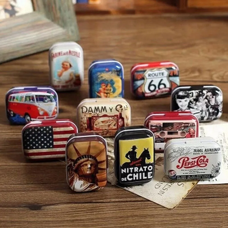 1PCs Portable American Style Mini Travel Tin Tinplate Vintage Metal Tins Storage Box for Chocolate Candy Packing Wedding Gift