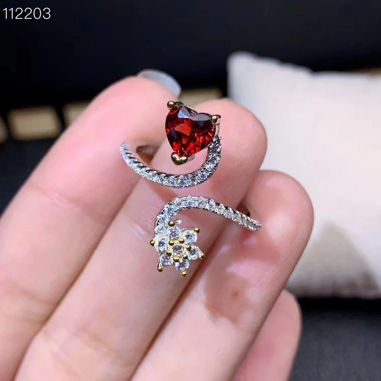 

heart style natural red garnet ring with flower for women real 925 silver for women ornament love date gift birthday resizable