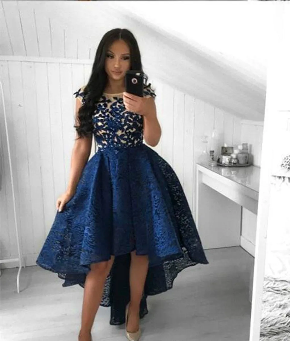 Korte Front Lange Back Lace Prom Jurk Marineblauw Avondjurken Vrouwen Formele Party 2023 Nieuwe Graduation Applicaties Robes De soiree