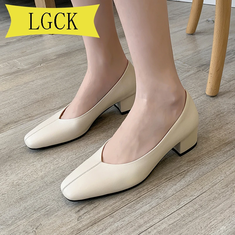 Plus Size 34-40 Women Pump Shoes Cow Leather Genuine Leather Thick High Heel Glove Shoes Real V Mouth Casual Office Lady OL Shoe