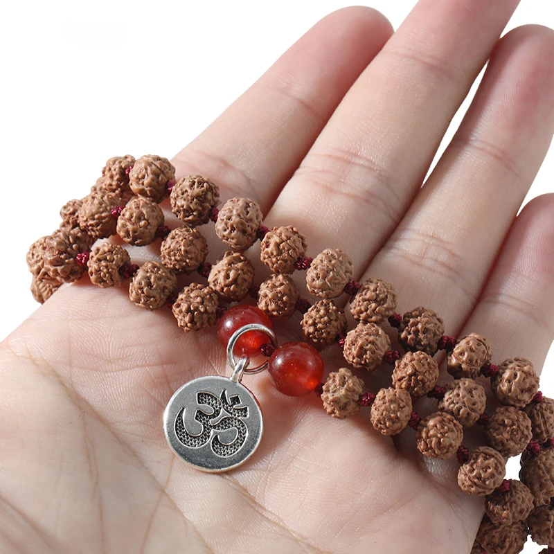 Original Rudraksha Red Agate 108 Mala Necklace Meditation Yoga Prayer Japamala Set with Bracelet Jewelry