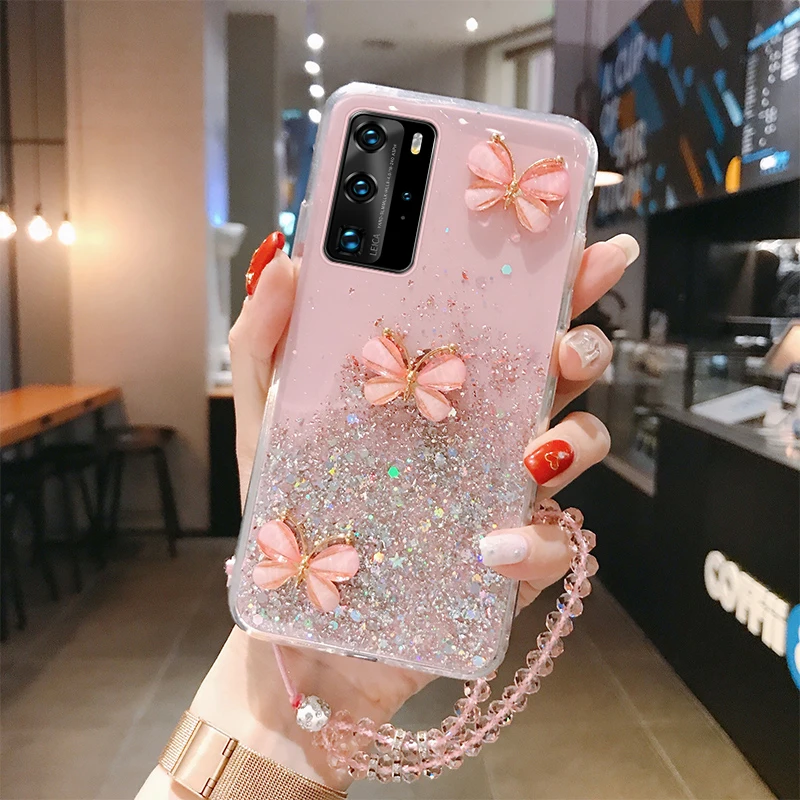 Luxo bonito Bling Glitter Lanyard Silicone Phone Case para Huawei P40 P30 P20 Lite Pro Mate 40 30 20 Honor Ultra-fino Strap Cover