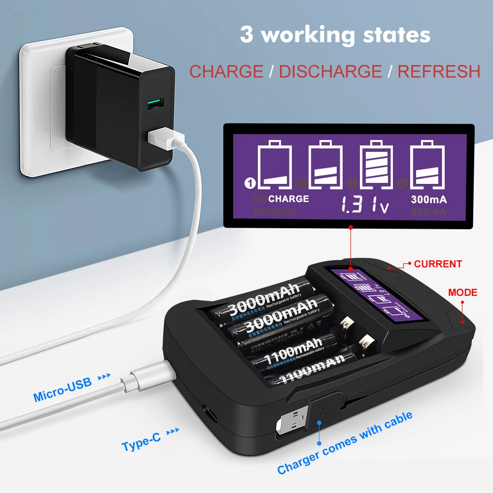 AA rechargeable battery AA NiMH 1.2V 2A Pre-charged Bateria low self discharge aa Batteries and smart battery charger for AA AAA