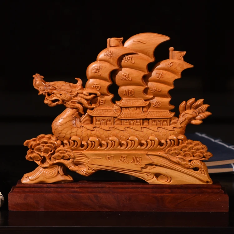 Smooth Sailing Dragon Boat Double-Sided Wood Sculpture - Handcrafted Art with Red Wood Base, Elegant Home and Office Decoration