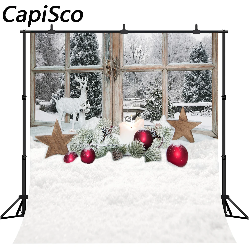 Capisco Christmas Photography Backdrops Pine Snow Elk Baby Toys Window Sill Wood Board Photo Background Photocall Studio Props