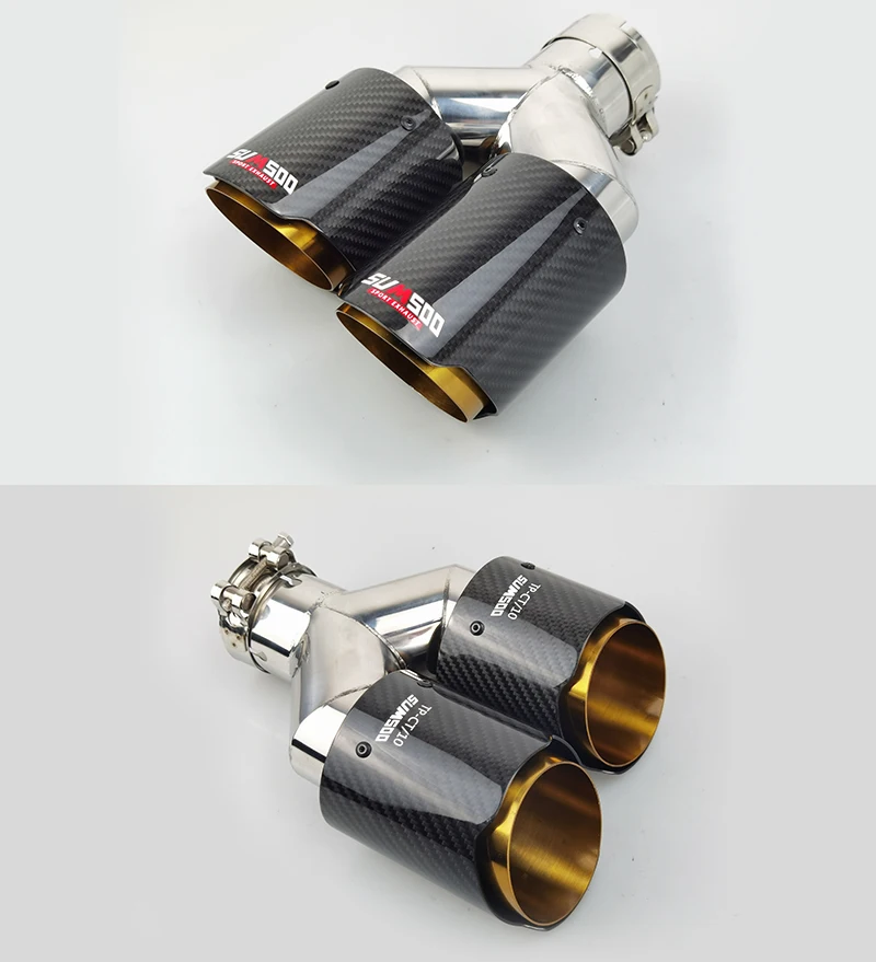 Original SUMSOO1PCS Carbonfaser + Goldchrom Edelstahl Auto-Auspuffendrohr Doppelendrohr Modifikation Schalldämpfer – Detail 7