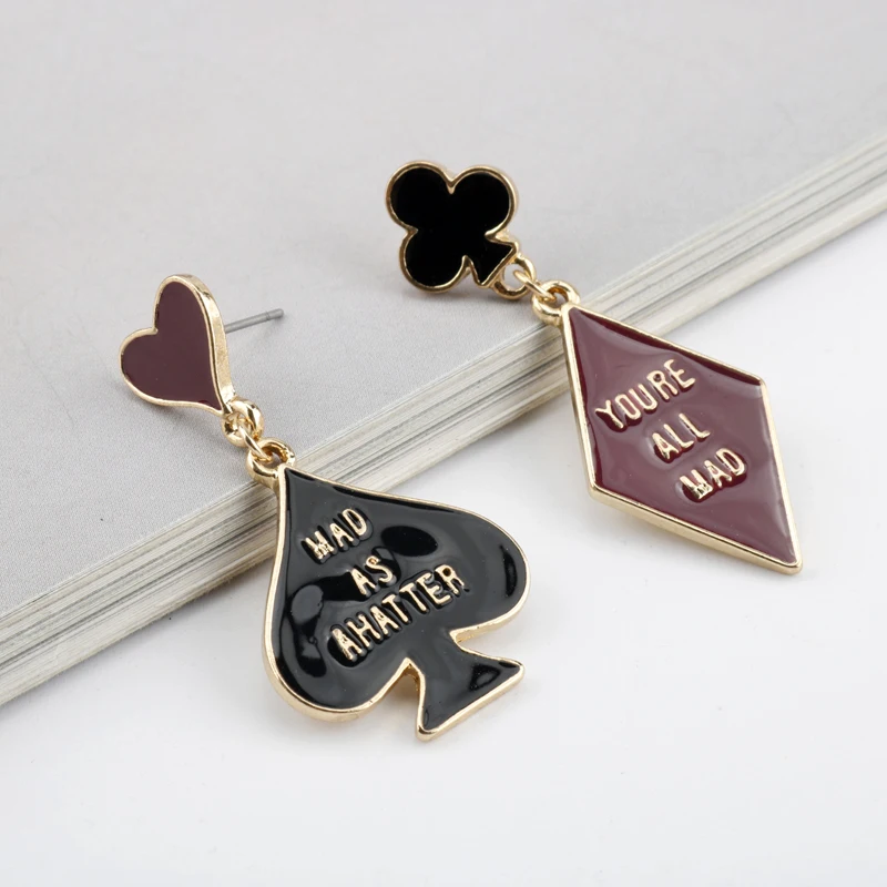 Alice In Wonderland Dangle Earrings Cute Love Heart-shaped Poker Card Asymmetrical Earring Fashion Jewelry Girls Kids Fans Gift