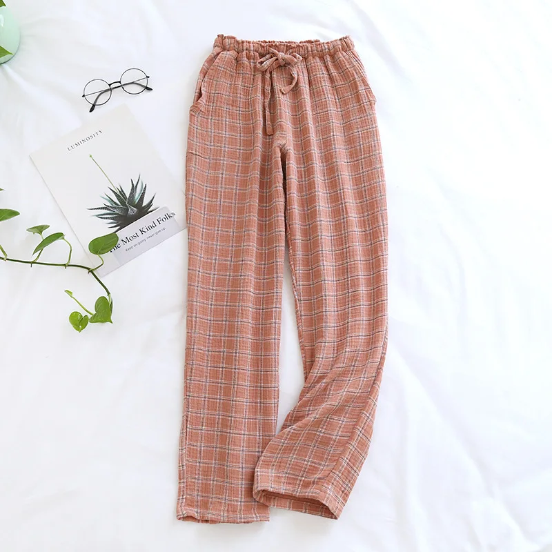 Couple Japanese Sleep Bottoms Plaid Simple Lattice Pajama Pants Women Men 100% Cotton Yarn Home Clothes Elastic Waist Sleepwear