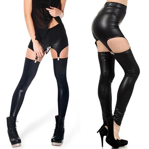 Neue Sexy leggings mit hosenträger für frauen faux leder strumpf leggings schnalle taille strumpfband hosen leggings