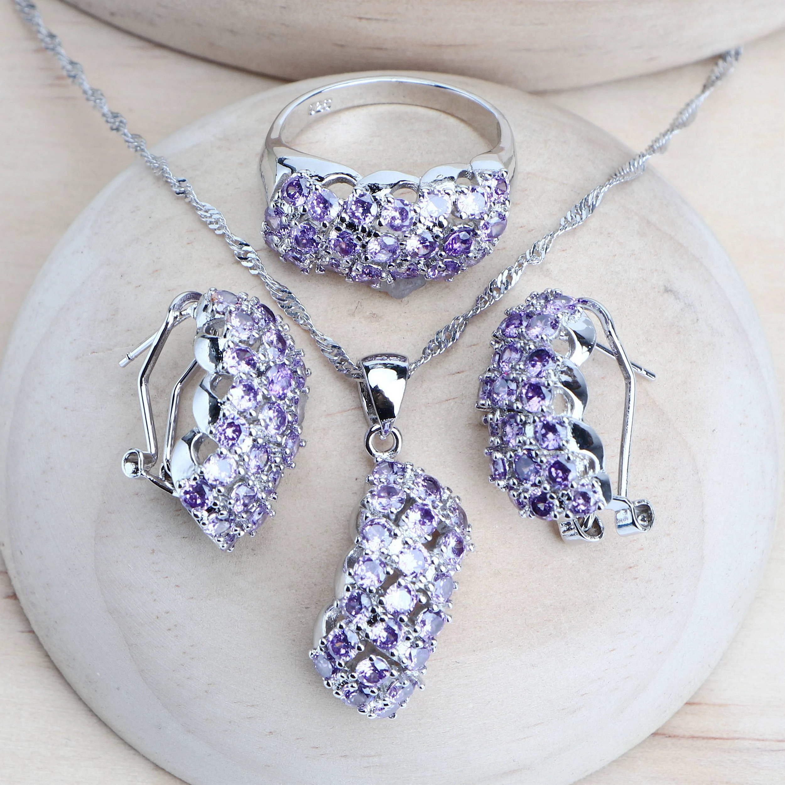 Silver 925 Women Bridal Jewelry Sets Purple Zirconia Fine Costume Jewellery Wedding Earrings Rings Pendant Bracelets Necklace