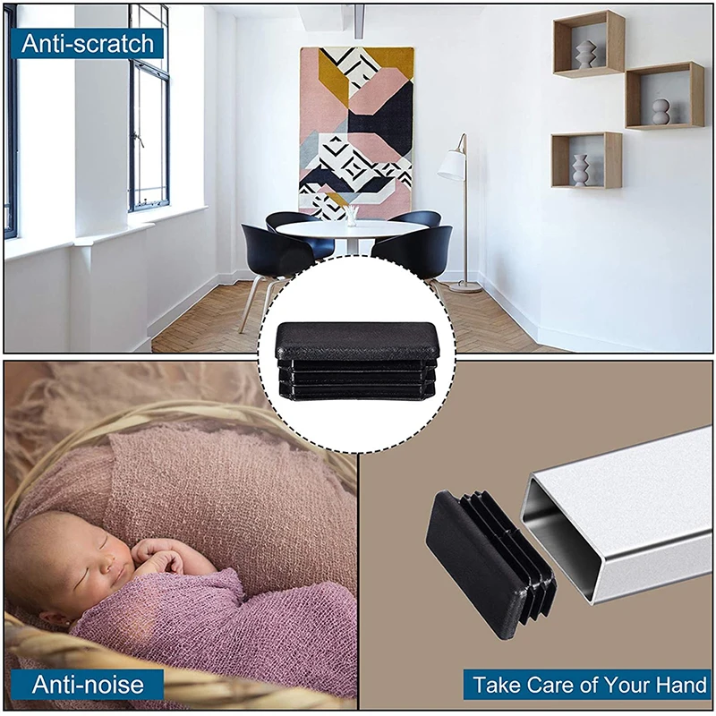 10pcs Furniture Legs Bottom Plug End Cap Black Plastic Anti Slip Table Chairs Foot Protection Covers Rectangle Tube Plug Pads