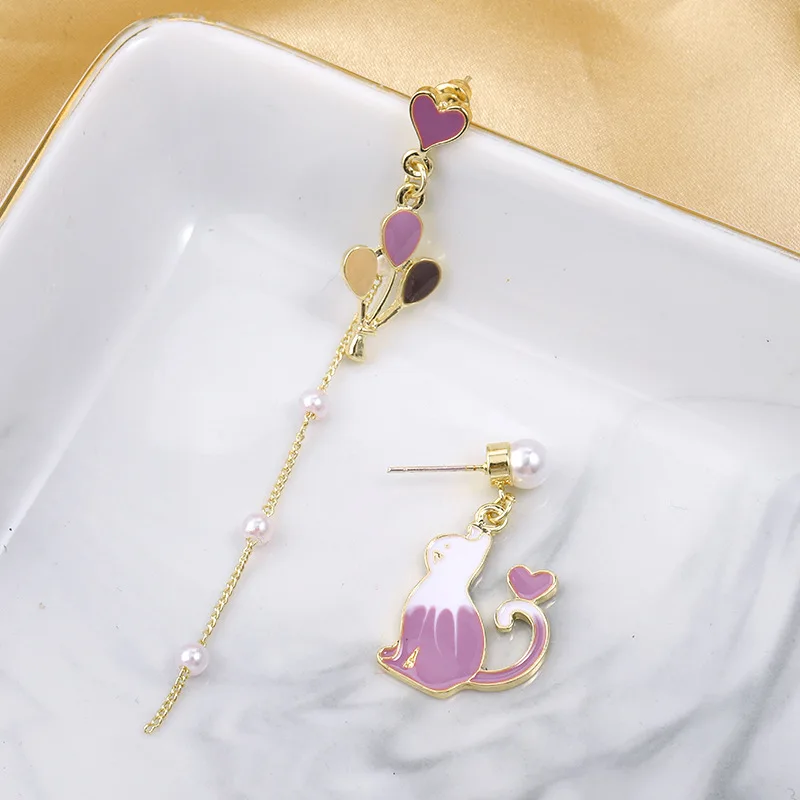 Korean Fashion Earrings 2020 New Temperament Earrings Purple Cat Balloon Asymmetric Long Tassel Earrings Women\'s Clothing