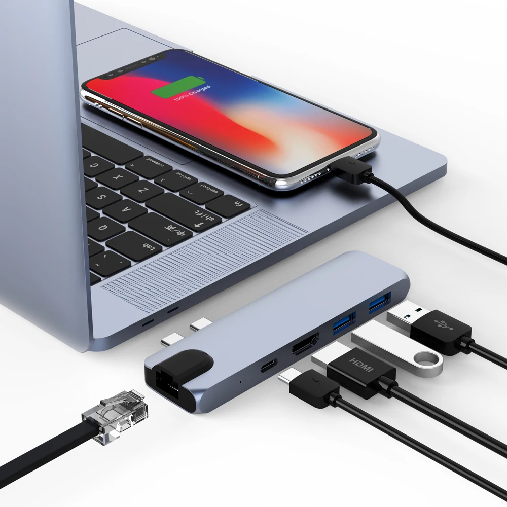 USB Type C HUB Dual USB-C to HDMI RJ45 USB PD 3.0 for MacBook Pro Air Adapter Thunderbolt 3 Dock USB C 3.1 Type-C HUB