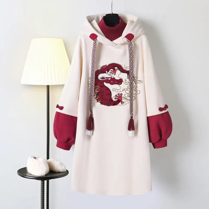 2021 Chinese Style Hoodies Stitching Vestido Cheongsam Oversized Embroidery Sweatshirt Dress Spring Women Buckle Thick Dresses