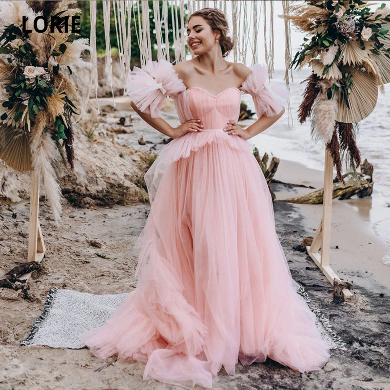 LORIE-vestidos de baile de graduación rosa, vestido de noche con escote Corazón, mangas separadas con volantes, corsé de tul de línea A, vestido de fiesta de boda de celebridades