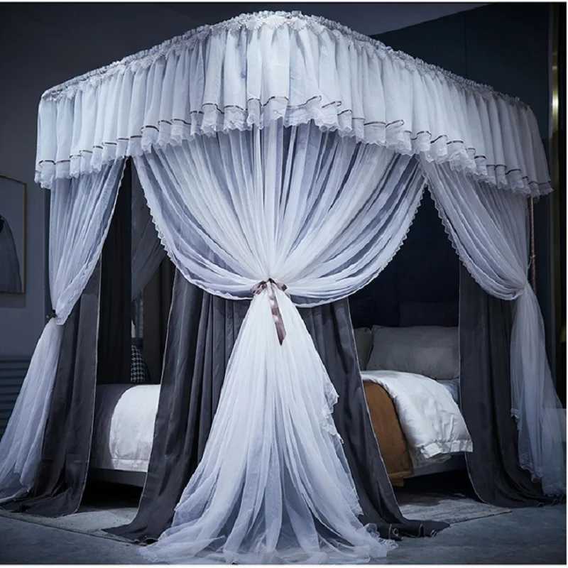 New Household U-type Mosquito Net Bed Curtain 1.8m-2 Beige Double-layer Net Yarn Cotton Integrated Palace Princess Bed Curtain