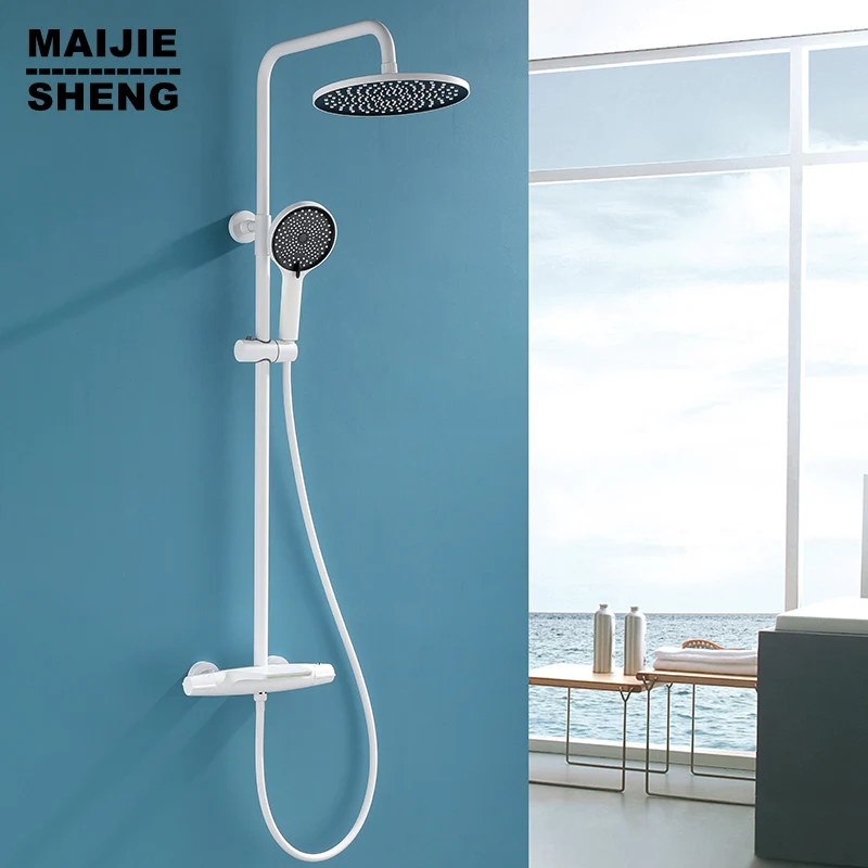 

Waterfall White Shower Set Thermostatic Shower System Bathtub SPA Rainfall Bath Faucet Wall Mount Bathroom Hot Cold Mixer