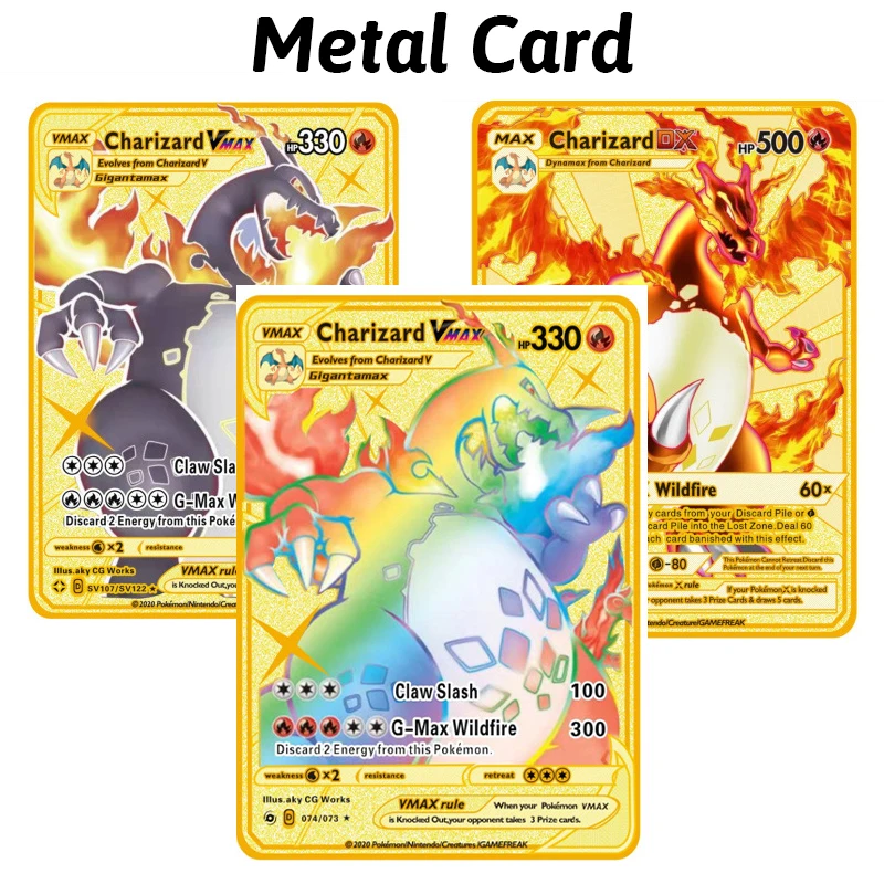 English Gold Pokemon Cards para Crianças, Cartão de Metal, Vmax, V Max, Pikachu, Charizard, Arco-íris, Coleção de Jogos, Presente