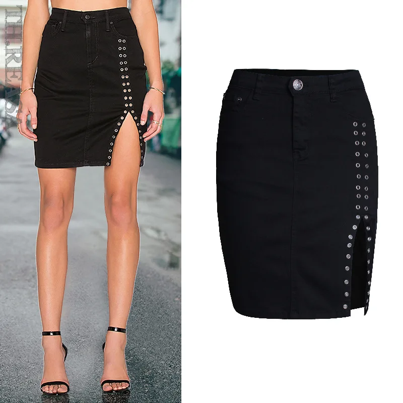 

Women's New High-waist Slim Fit Hip Lift Was Thin Ms. Skirt Metal Rivets Open-hole Slit Skirt