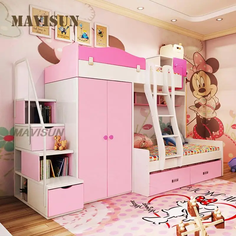 Bed Girl Multifunctional Combination Storage Bed Pink Household Up Down Bedroom Set Suitable For Kids Home Furniture