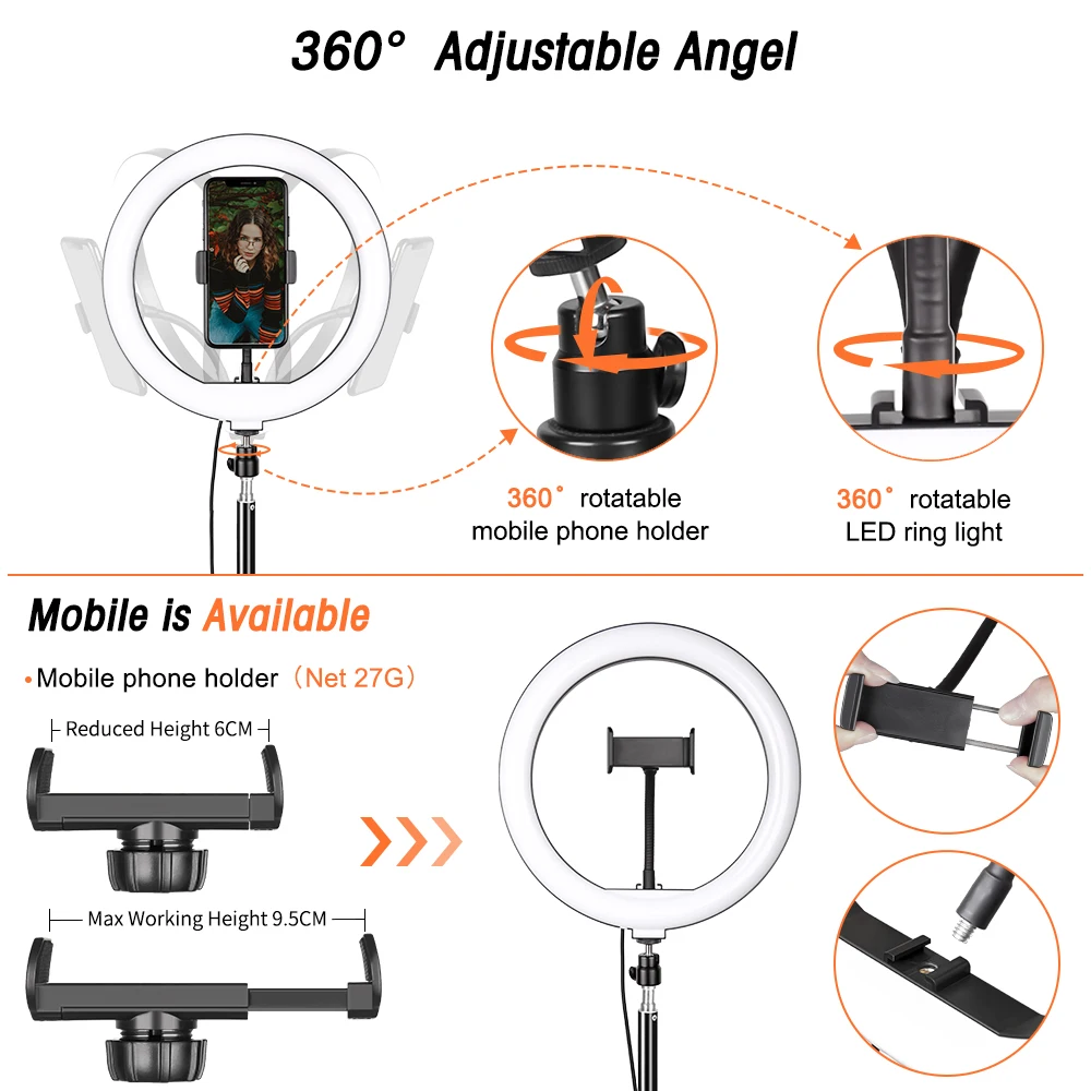 10 "LED مصباح مصمم على شكل حلقة مع حامل ثلاثي القوائم Selfie مصباح مصمم على شكل حلقة التصوير الإضاءة للصور استوديو يوتيوب يشكلون فيديو