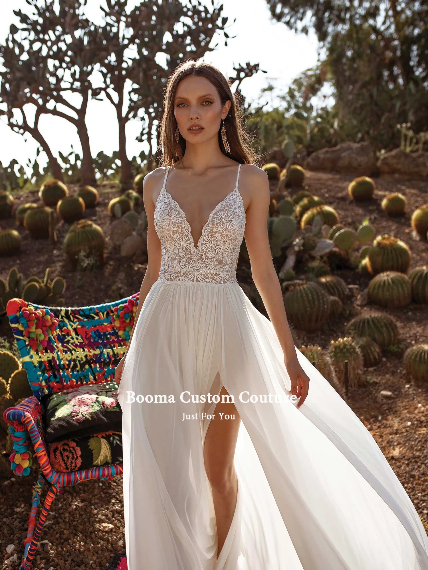 Booma เซ็กซี่ Backless Boho ชุดแต่งงาน V-Neck สายสปาเก็ตตี้ชีฟอง Beach เจ้าสาวสูงลูกไม้ Gowns แต่งงาน