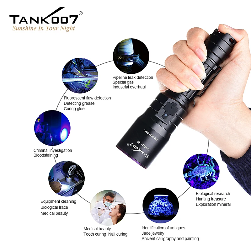 TANK007 UVC31 UV Flashlight Nichia 365nm 5W USB Rechargeable Torch Pure Ultraviolet Light by 18650 Battery for Research