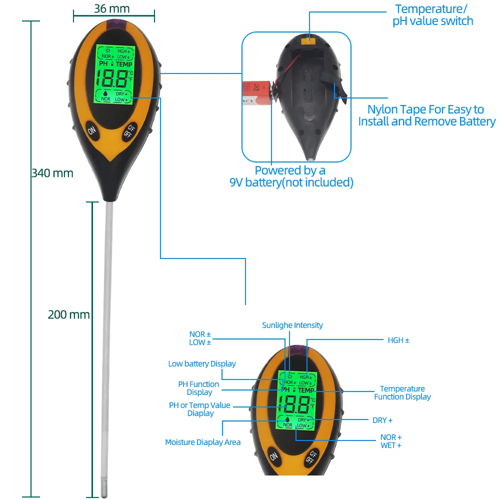 PH-mètre de sol professionnel avec écran LCD, température, humidité solaire, testeur de lumière du soleil de jardin pour jardinage avec