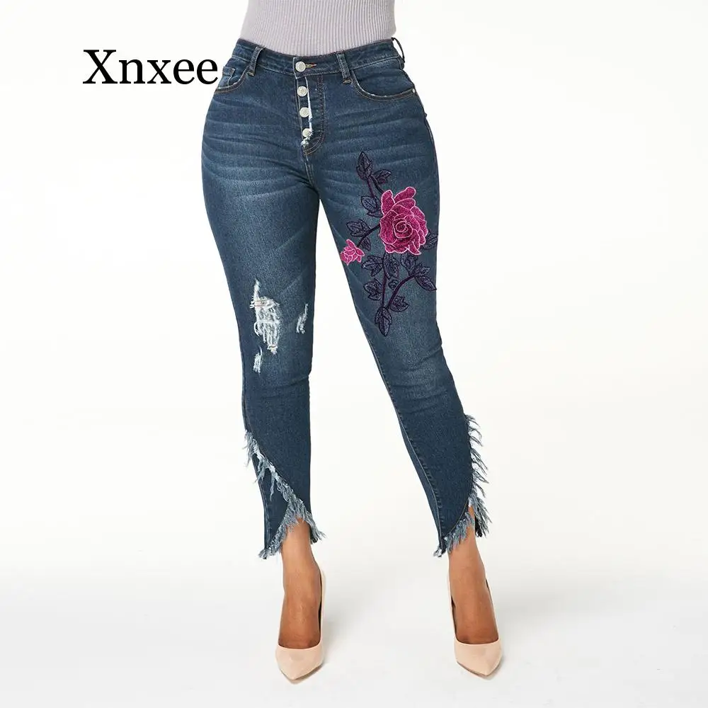 

Long Pants Embroidery Jeans Woman Ripped High Waist Jeans Women Fashion Ladies Slim Denim Pants Irregular Female Pencil Trousers