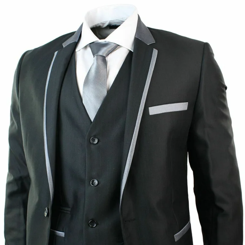 Shiny Black Mens Suits 3 Piece 1 Button Costume Homme Grey Trim Fitted Wedding Party Prom Suit