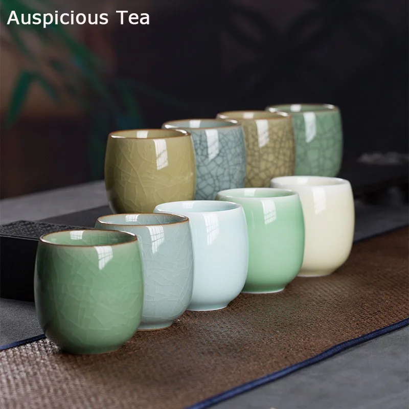 2pcs/Set 130ml Chinese Longquan Celadon Master Cup Handmade Household Kungfu Ceramic ice cracked Tea Bowl Tea Ceremony Drinkware