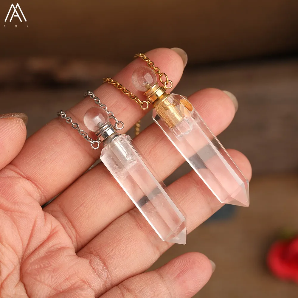 

Natural White Quartz Point Perfume Bottle Pendant Jewelry Faceted Gold Crystal Essential Oil Diffuser For Women Healing Jewelry