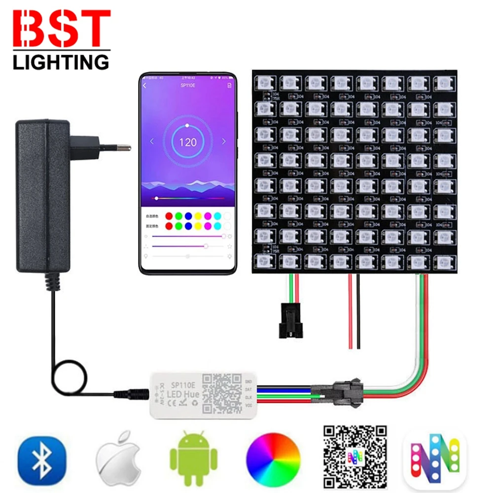 WS2812B Led Strip Matrix Digital Panel Individually Addressable With DC5V Led Power Supply SP110E Bluetooth Controller