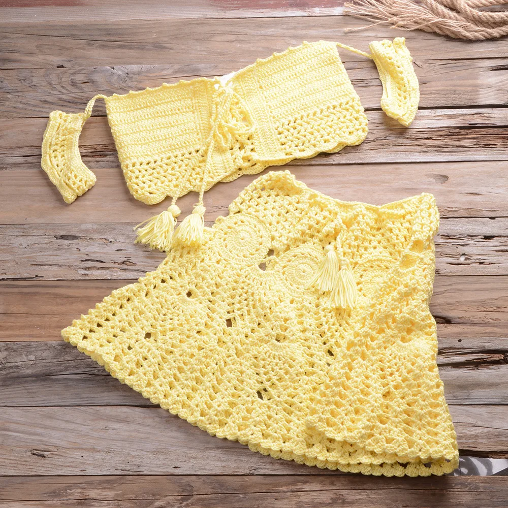 Crochet Two Piece Set Summer Beach Dress sexy women off shoulder crop top+A line mini skirts Bikini swimwear cover up