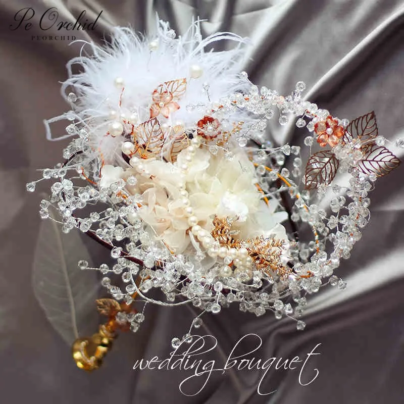 PEORCHID Luxury Crystal Brooch Wedding Bouquet Pearls Feathers Gold Boque Da Noiva Handmade Flowers Rhinestone Bridal Bouquets