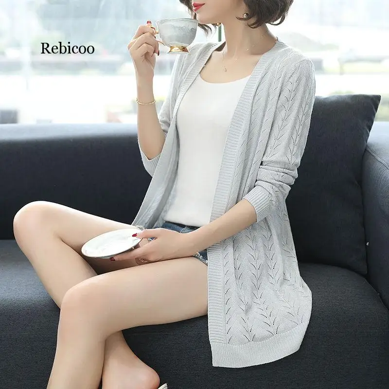 

Summer Women Ice Silk Knit Long Sleeve Thin Cardigan Shirt Female Sun Protective Casual Loose Caridgan Knitwear Coats