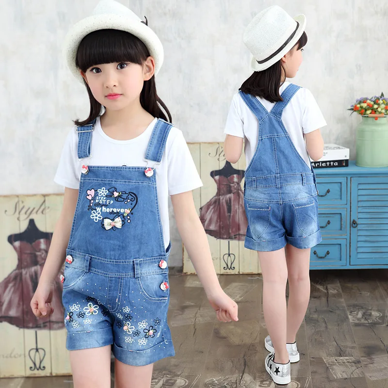 New Girls Overalls Summer Girls Jeans Princess Love Clothes For Girls Bow And Flower Decorate Kids Short Jeans Children Clothing