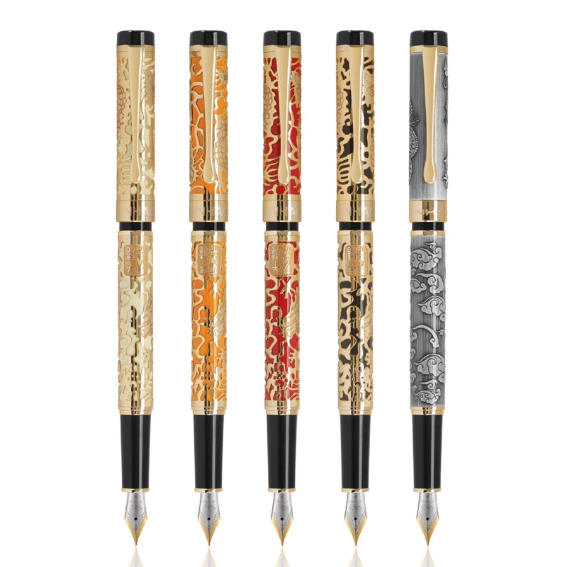 Jinhao 5000 Vintage Metal Fountain Pen Dragon Texture Carving, Black & Golden Ink Pen For Office School Home Shop Business