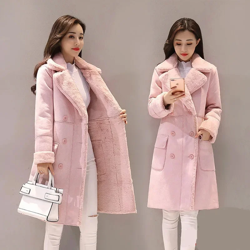 Lamb Wool 2022 New Coat Female Korean Winter ThickVelvet Thick Suede Coat Mid-length Fur One Lapel Coat Commuter Buttons Splicin