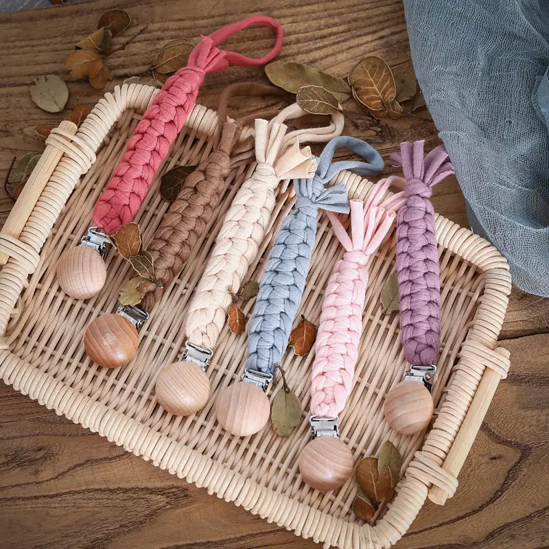Baby Pacifier Clip Chain Cotton & Wood Pacifier Clip 1pc Handmade Nipple Holder Baby Shower Gift Safe Eco-friendly Dummy Clips