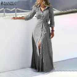 ZANZEA Fashion Autumn Long Sleeve Buttons Maxi Long Dress Elegant Women Lapel Neck Striped Dress Sundress Shirt Vestidos Femme