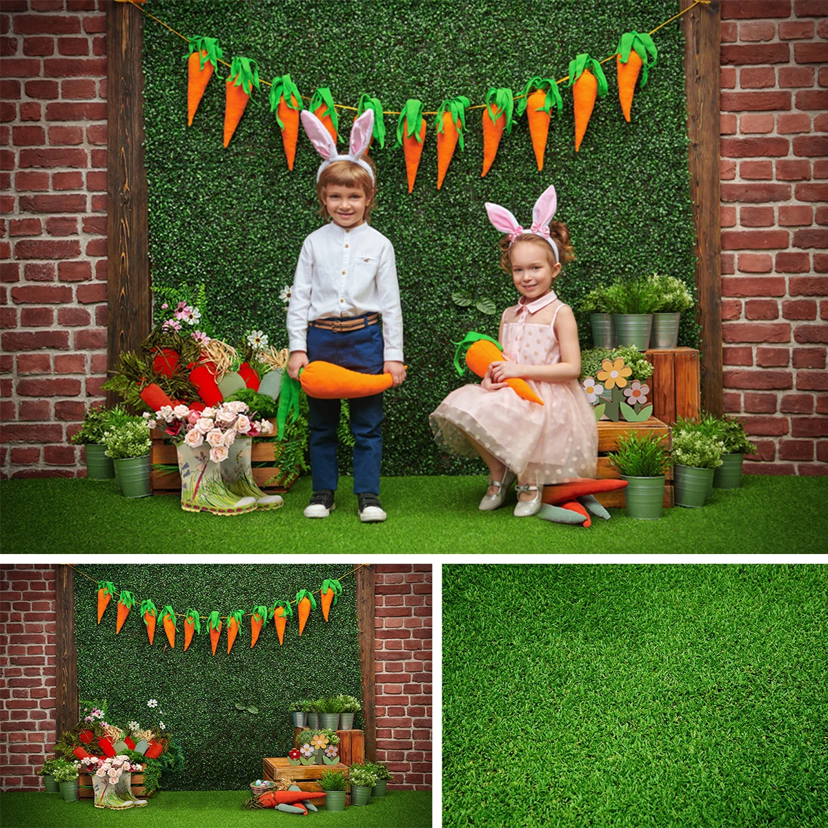 Mocsicka Easter Backdrop Kids Photocall Carrot Bunny Decor Garden Gress Floor Background Brick Wall Child Baby Photostudio Props