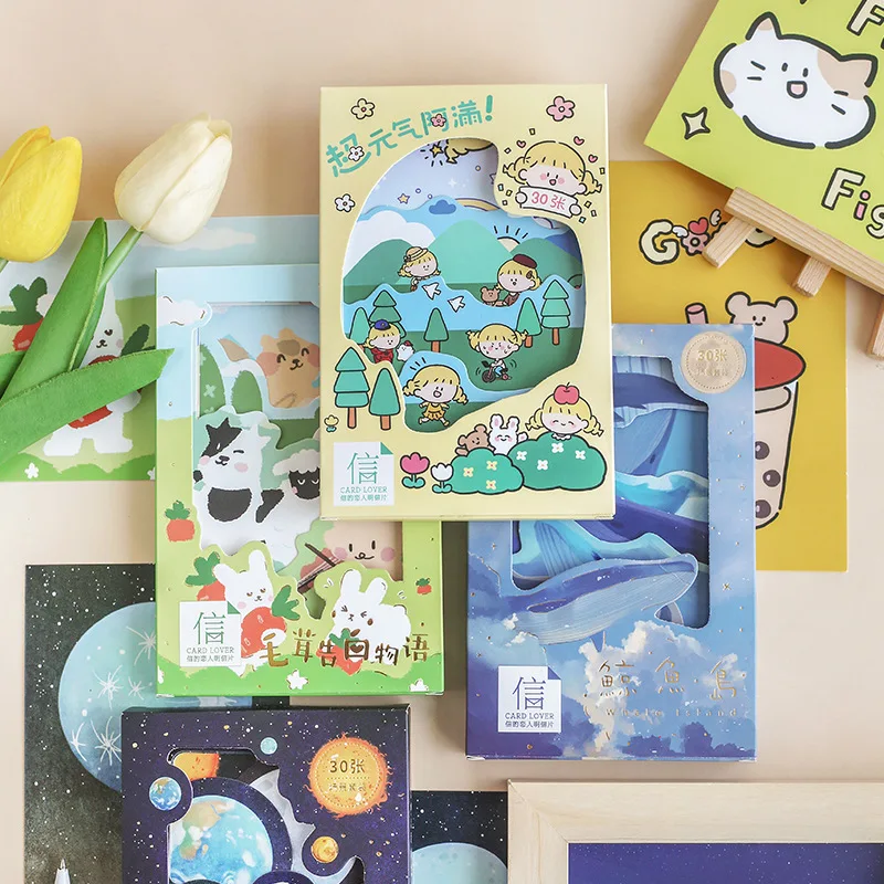 30 Pcs/Set Cartoon Animals and Girl Postcard Heteromorphism Scene Greeting Cards DIY Journal Decoration