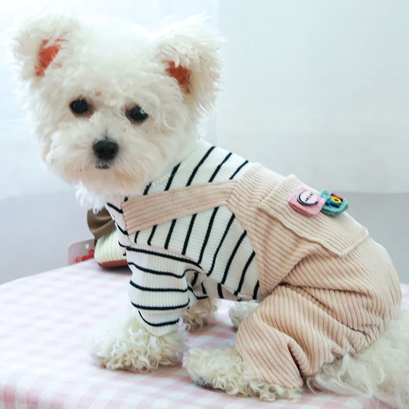 Jumpsuit for Dog Cat Pet Clothes Strips Hoodies Corduroy Pants Coat Pajamas Overalls for Small Dogs Chiwawa Yorkie Puppy Onesie