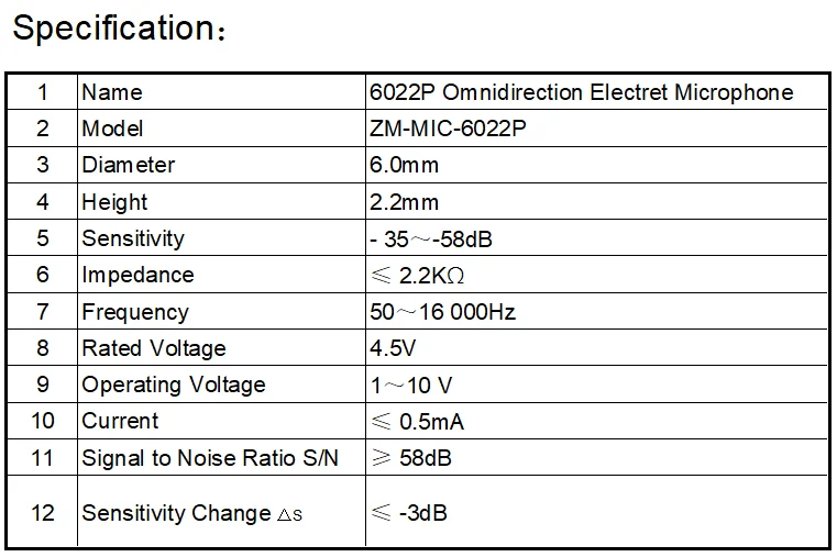 Mikrofon Elektret Omnidirectional 6022P 6, 0mmx2, 2Mm