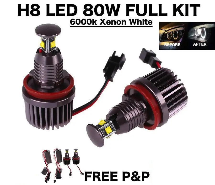 

A21 For BMW H8 80W CREE LED Angel Eyes Halo Rings Upgrade Light Bulbs Marker Kit 6000K