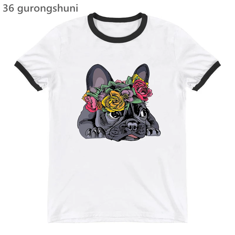 

Funny Pugs Flowers Graphic Print T-Shirt Women'S Clothing Harajuku Kawaii Dog Lover Tshirt Femme Summer Fashion T Shirt Female