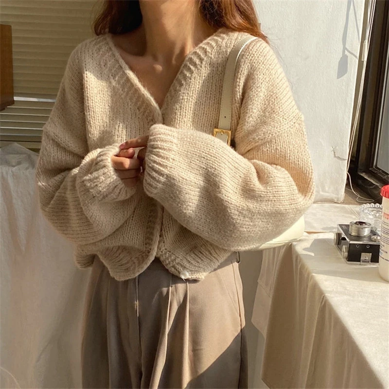 

Women New V-Neck Solid Sweater Tops Korean Style Long Sleeve Single Breasted Knitted Cardigan Coat