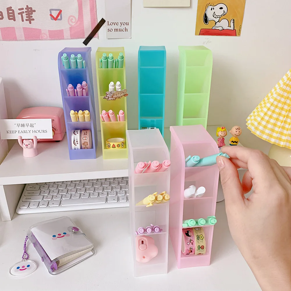 Macaron Color Desktop Pen Holder Pencil Makeup Brush Storage Box 4 Grid Oblique Insertion Desktop Organizer School Stationery